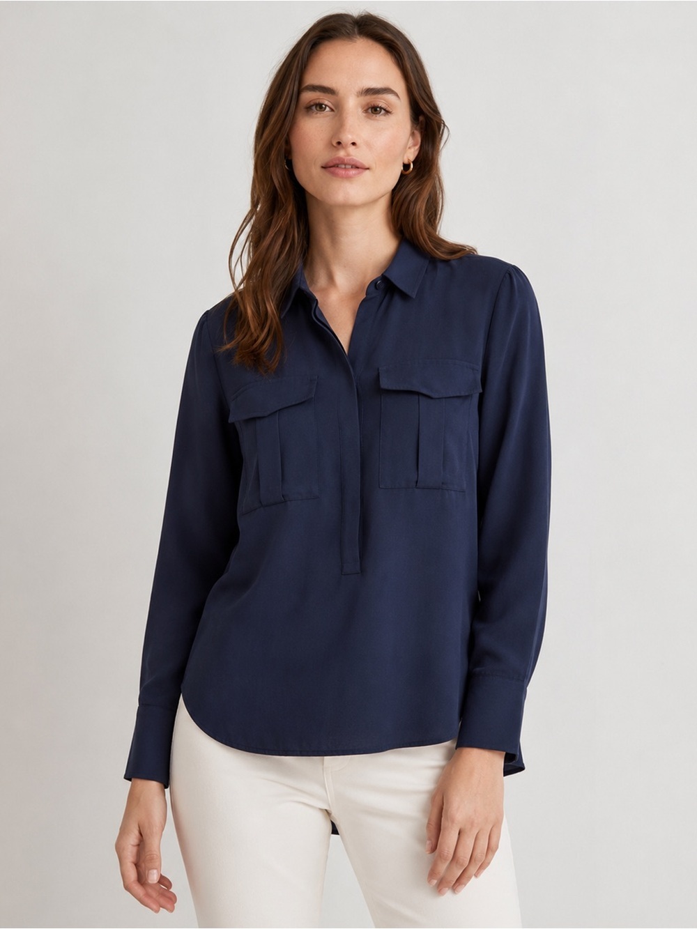 AYR - Utility Popover Long Sleeve Pocket Shirt Blouse Top - Navy